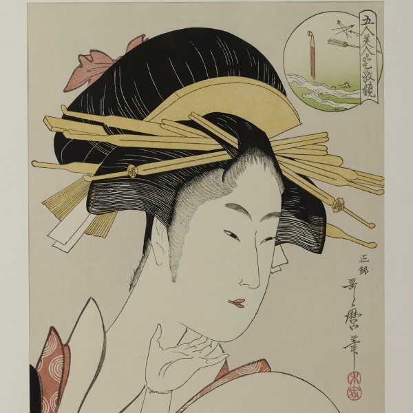 Kitagawa Utamaro, Comparing the Charms of Five Beauties: Kisegawa of the Matsubaya Woodblock Print, with frame